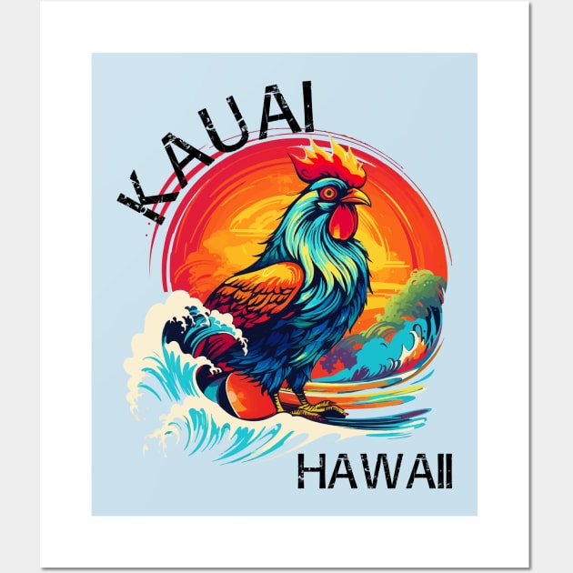 Kauai Hawaii - Rooster (with Black Lettering) Wall Art by VelvetRoom